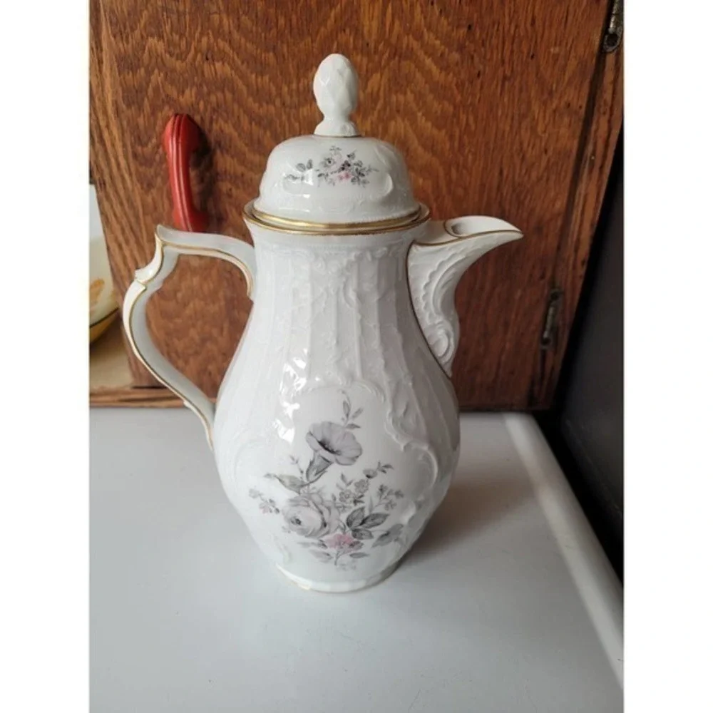 Vintage Rosenthal Germany Pink Gray‎ Rose Gold Rim Embossed Teapot Coffee Pot